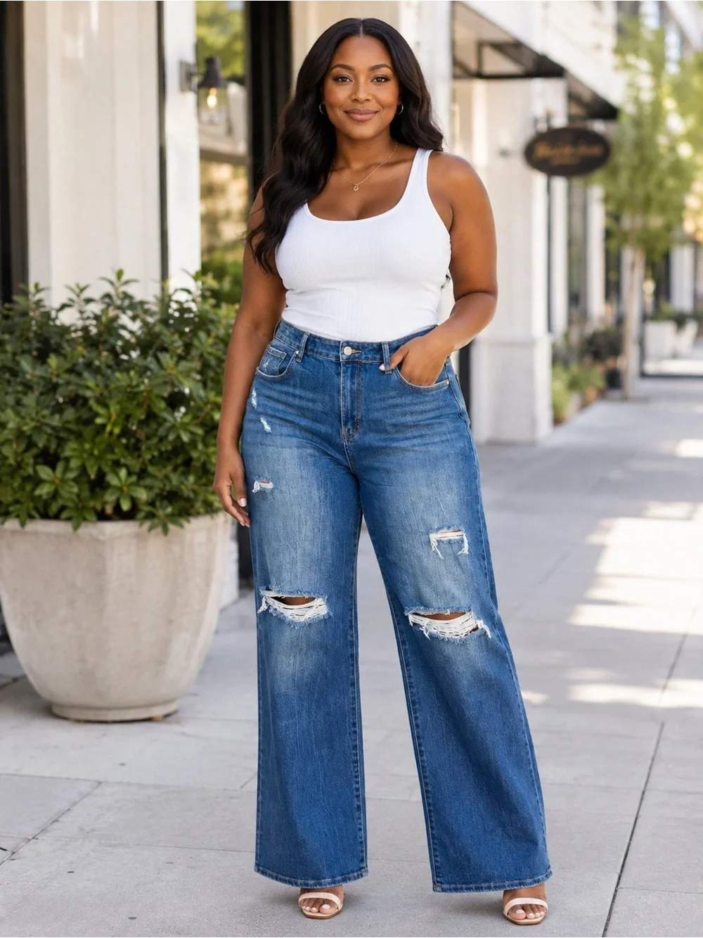 Risen Jeans Size 15/32 High Rise Distressed Wide Leg Blue Denim Jeans